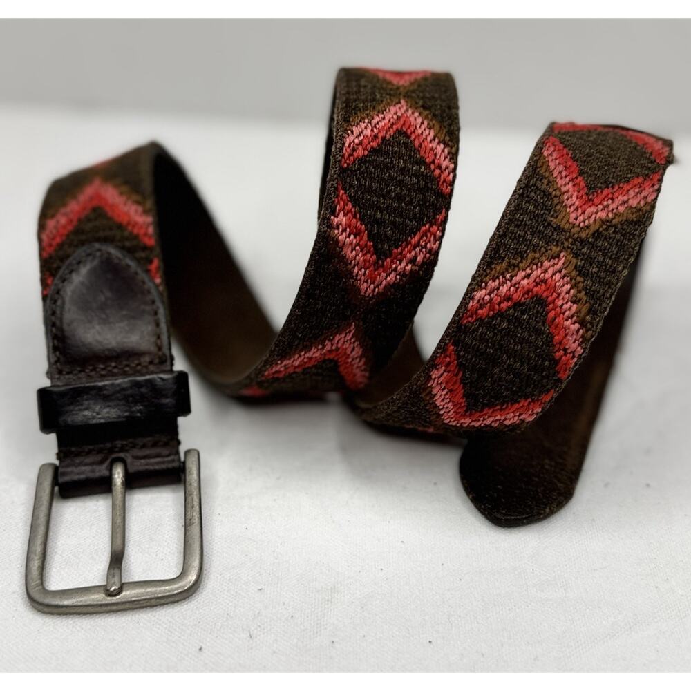 Zara Leather Belt Brown Red Woven Kilim Southwestern Brass Buckle Men's Sz 34 85
